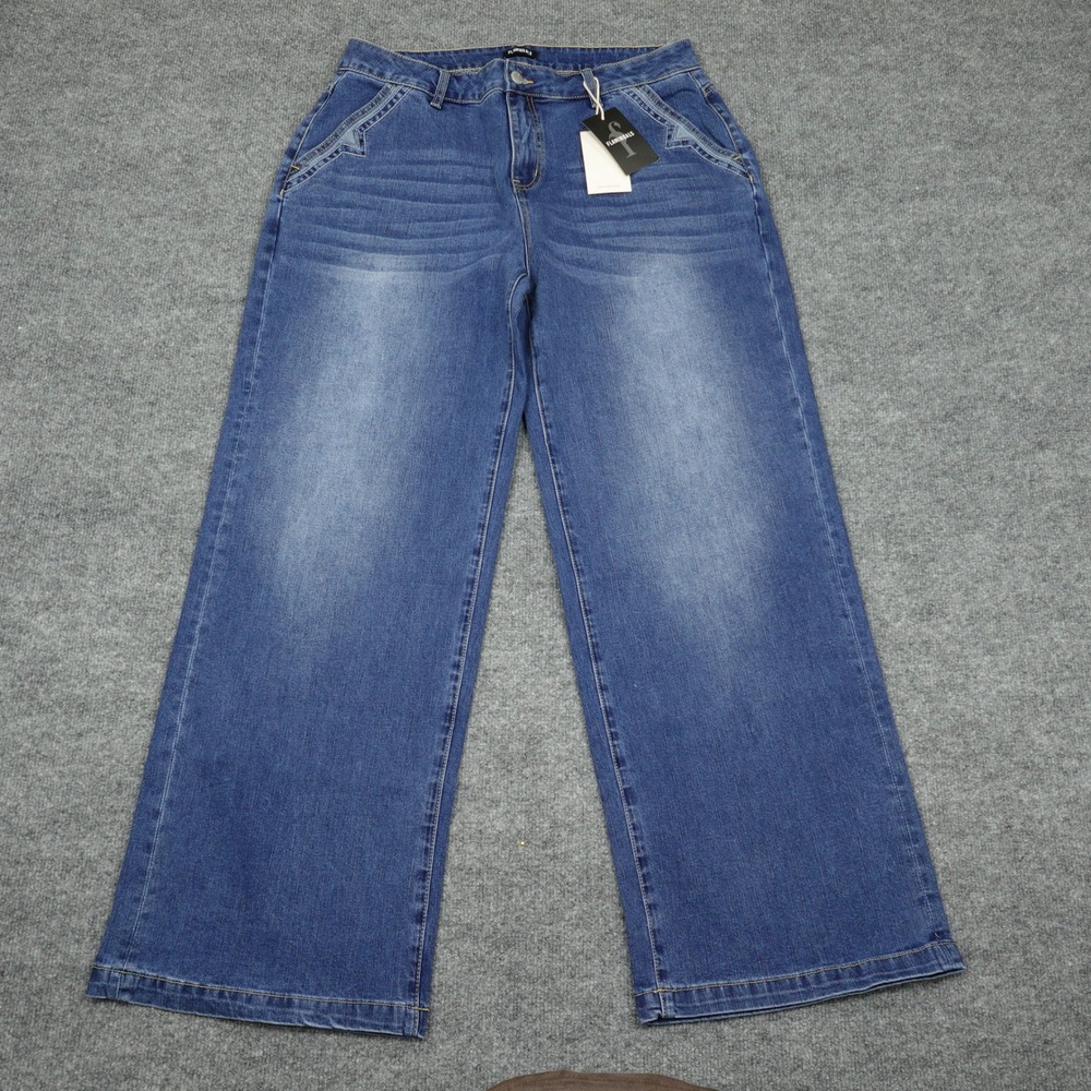 Flamingals Jeans Womens 2XL Blue Wide Leg High Rise Stretch Denim Medium Wash